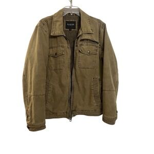 Guess Los Angeles Mens Khaki Utility Jacket Quilted Lined Zip Front Size L